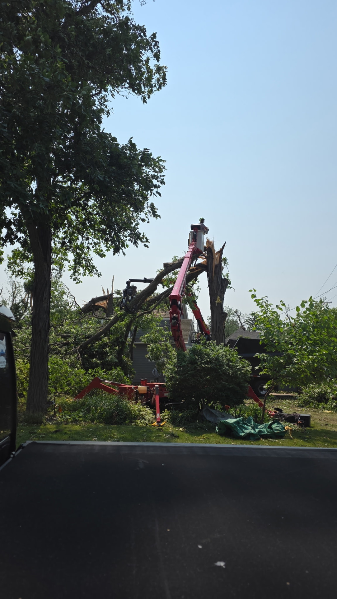 Lift removing a storm-split tree near a house